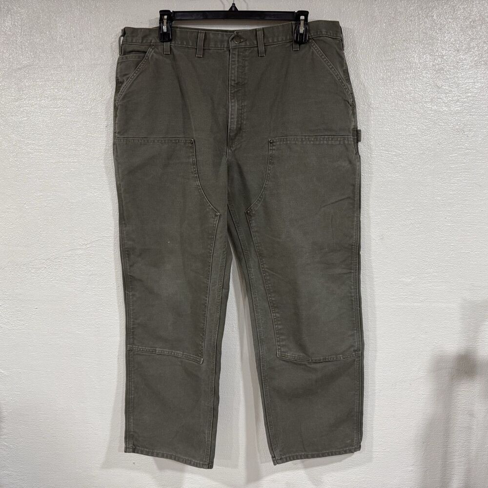 VTG Y2K Carhartt B136 MOS Work Carpenter Jean Faded Green Double Knee Size 44x32